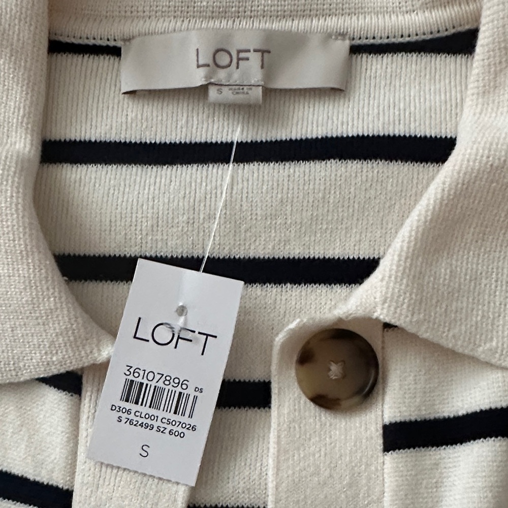 LOFT Women’s Button Down Sweater - Cream and Navy Stripes - Picture 2 of 3